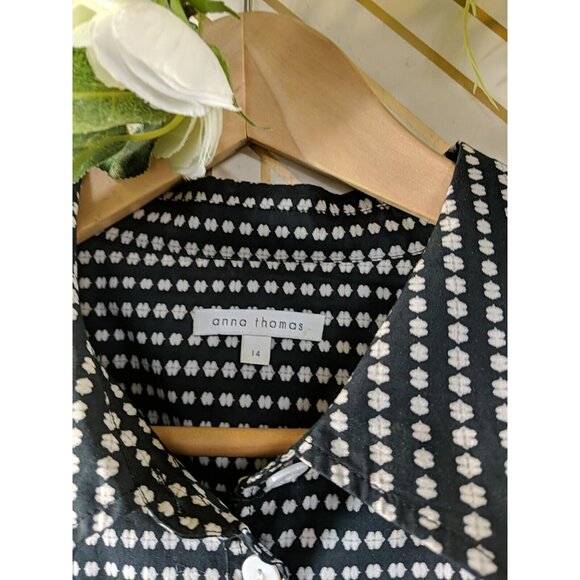 ANNA THOMAS Women's Button Up Collared Blouse Navy Blue White Cotton Size 14 - Picture 5 of 7